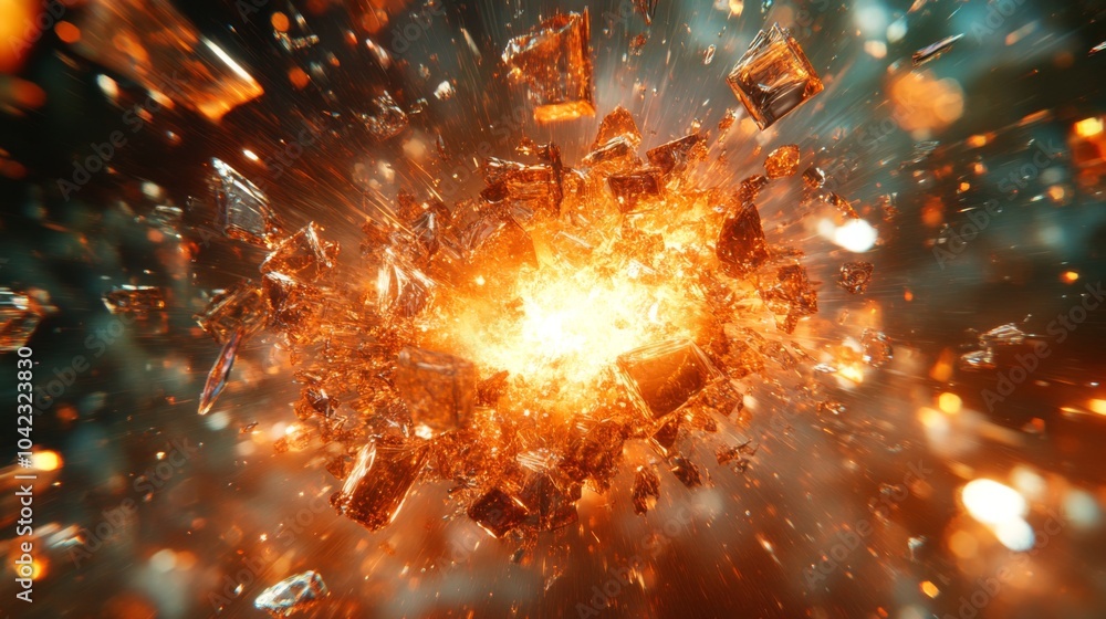 Poster a powerful explosion releases radiant orange light, scattering crystal-like fragments in every direc