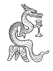 Sea Horse, Dragon Snake Hare Cat Cocker Spaniel with a glass of wine ink line tattoo print stamp