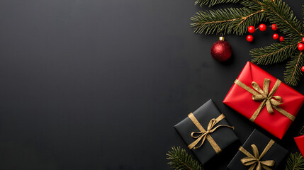 Christmas gift boxes and pine branches on dark background. Boxing day, Black friday, Christmas and Holiday sale. For greeting card, banner and invitation