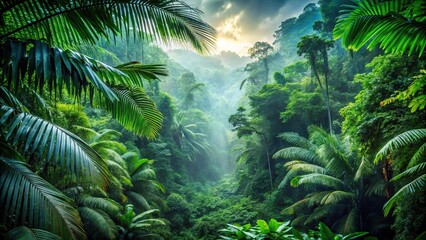 Deep jungle in Southeast Asian rainforest with forced perspective