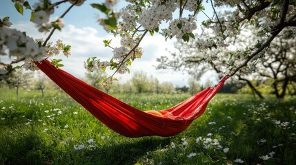 Red Hammock Relaxing Under Cherry Blossom Tree