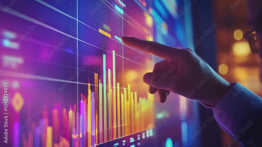 Poster data analysis on a digital screen with colorful charts