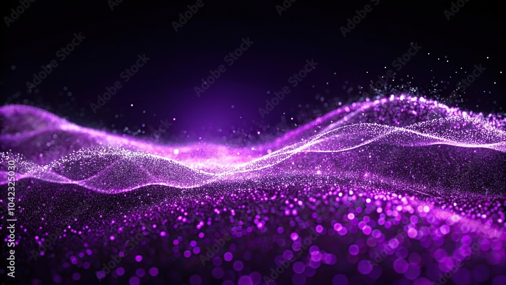 Poster deep violet luminous wave of particles in dark low angle view