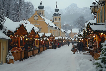 Naklejka premium A festive holiday market with wooden stalls, twinkling fairy lights, and people shopping for gifts, set in a snowy town square, creating a cozy winter atmosphere. 