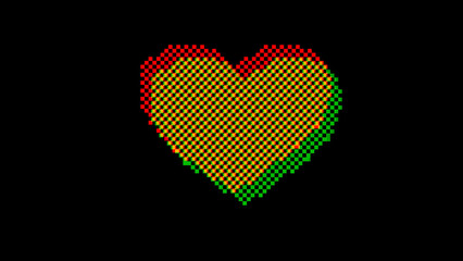Glitch pixel art heart, rendered in retro 8-bit style isolated on black background. Nostalgic classic video games design, digital projects, dating apps