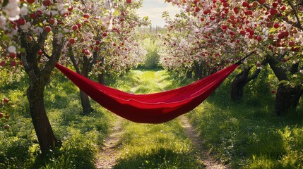 Red Hammock in a Blossoming Orchard