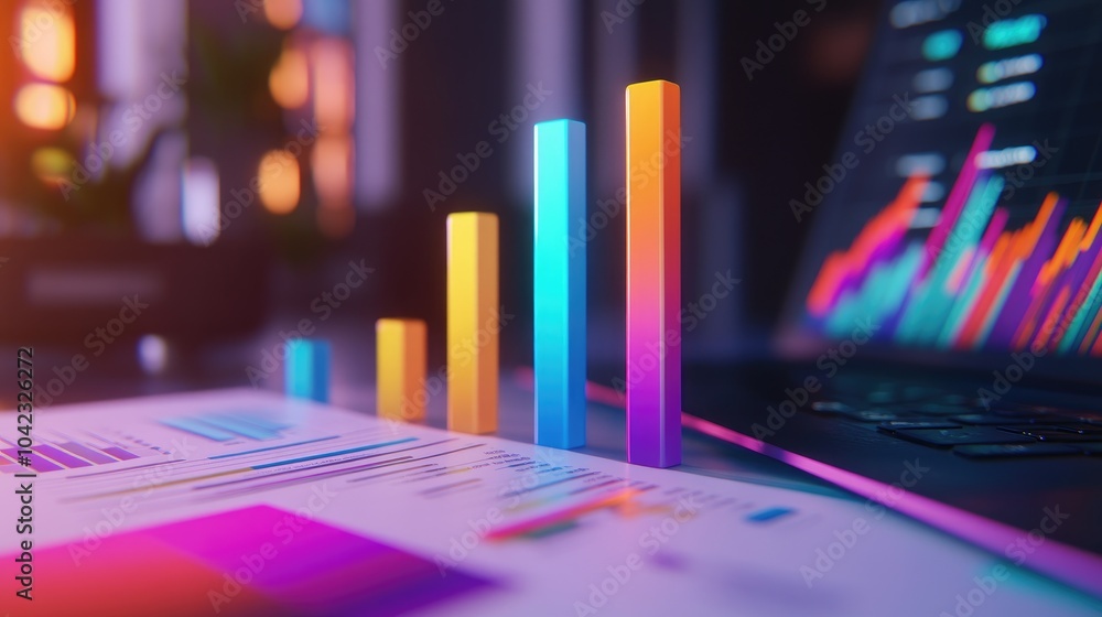 Aufkleber colorful data visualization with bar graphs and laptop