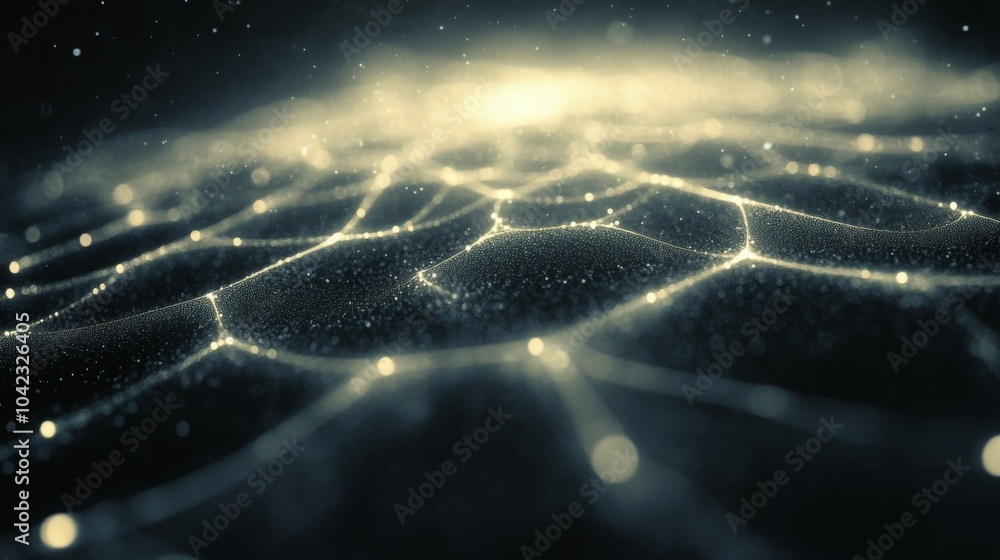 Poster A dark, abstract digital landscape features a web of interconnected nodes illuminated by glowing particles, creating a mesmerizing visual effect that suggests depth and complexity.