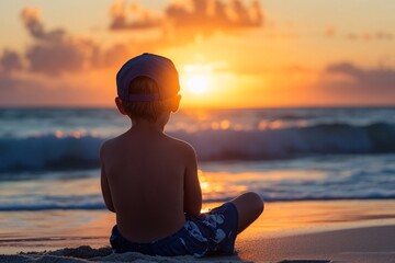 Young boy with a baseball cap, wearing swim trunks, sitting on the sand and watching the sunset over the waves 1