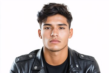 Obraz premium Young Latino man with short dark hair, wearing a leather jacket, looking serious on a white background 3