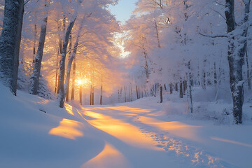 A tranquil forest covered in fresh snow at dawn, with soft morning light illuminating the trees and creating a magical ambiance.

