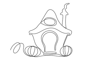 Line Art Witch House Halloween Illustration. Happy Holiday Greeting Gift Witch House Pattern. Continuous Line Graphic Halloween Witch House Contour Silhouette Editable Thin Line Art Drawing.