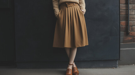 Vintage midi skirt with button details, paired with a roll-neck sweater and loafers