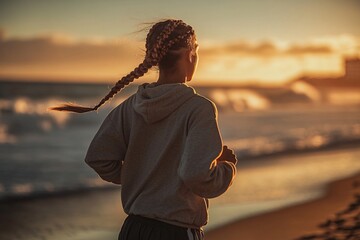 Teenage girl with braided hair, wearing a hoodie and shorts, running along the beach as the sun sets 3