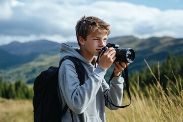 Teenage boy with short brown hair, wearing a hoodie and shorts, taking photos with a camera in the mountains 1