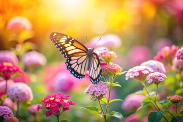 Obraz premium Delicate butterfly resting among blooming flowers in serene garden, Extreme Close-Up