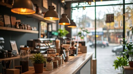 Cozy interior of a modern coffee shop with warm lighting