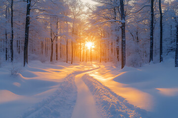 A tranquil forest covered in fresh snow at dawn, with soft morning light illuminating the trees and creating a magical ambiance.

