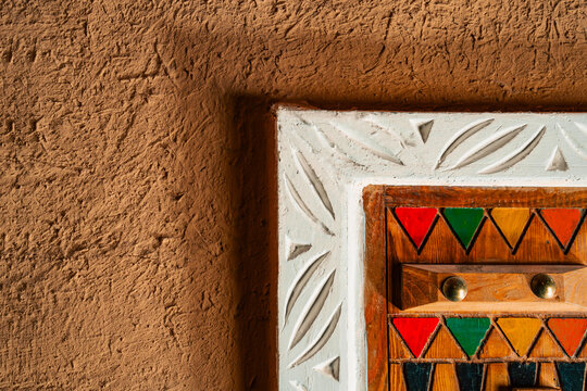 Colorful window of Ushaiger heritage village in Saudi Arabia of a house in Ad Diriyah, made out of mud, Najran, Kingdom of Saudi Arabia, Middle East