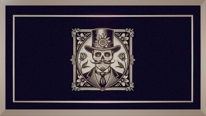  3D card Elegant Catr&iacute;n Skull with Floral Motifs in Vintage Style