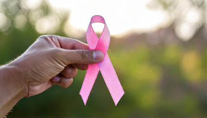 Hand holding a pink ribbon for breast cancer awareness, against a blurred natural background.
