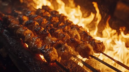 Grilled Skewers Cooking Over Open Flames