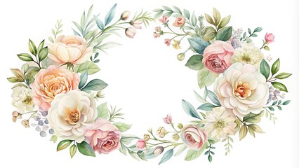 Delicate floral wreath with soft pastel blooms and foliage on white background reflected