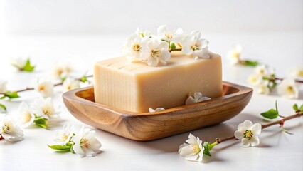 Delicate handmade soap in wooden dish surrounded by flowers on white background