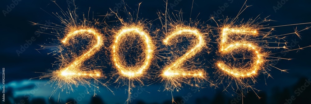 Poster 2025 written with sparklers against a dark background creating a festive new year atmosphere. perfec