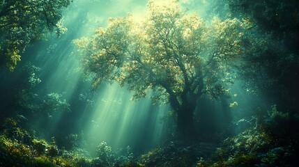 Obraz premium Enchanted Forest: Sunlight Through the Trees