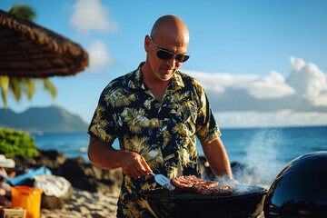 Middle-aged man with a bald head, wearing sunglasses and a Hawaiian shirt, barbecuing on the beach with a portable grill 2