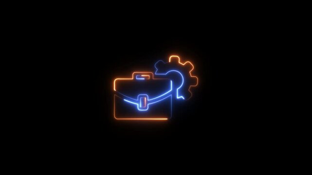 Glowing neon line Folder settings with gears icon isolated on black background.