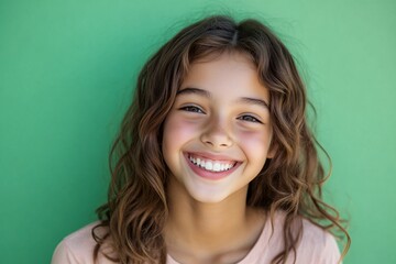 Latino teenage girl with light brown skin and wavy hair, laughing joyfully on a green background 1