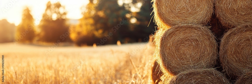 Poster golden stacks of harvested hay bask in sunlight under a clear blue sky, capturing the essence of fal