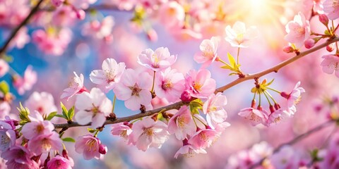 Fototapeta premium Delicate pink cherry blossoms in spring sunlight forced perspective