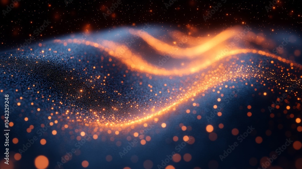 Fototapete a flowing pattern of glowing orange particles undulates against a deep blue backdrop, reminiscent of