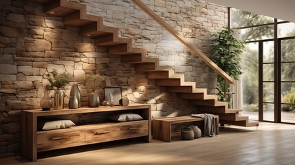 Obraz premium Rustic coastal entrance hall with stone tiles and wooden decor, giving a warm and inviting first impression.