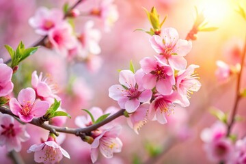 Fototapeta premium Delicate pink peach blossoms blooming in spring sunlight macro