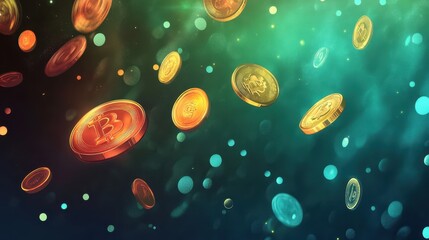 Gold coins and precious gems float on a blue-to-green gradient background wallpaper
