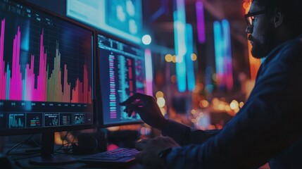 Obraz premium Person analyzing stock market data on computer at night