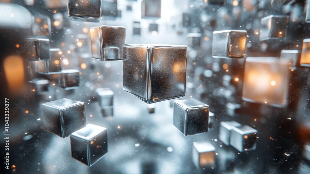 Poster Transparent cubes drift through a silver-toned environment illuminated by radiant particles, creating a surreal and immersive digital atmosphere.