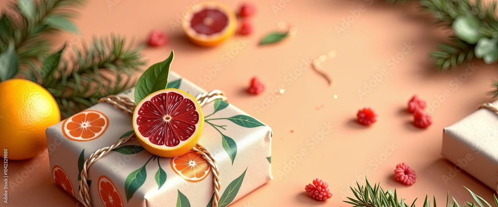 Poster a box with a red grapefruit on top of it is surrounded by oranges and berries. the image conveys a f
