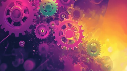 Neon gears float on a purple-to-bright yellow gradient in this comic-style wallpaper