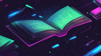 Fototapeta premium Magical books with neon runes float over a dark background in this comic-style wallpaper