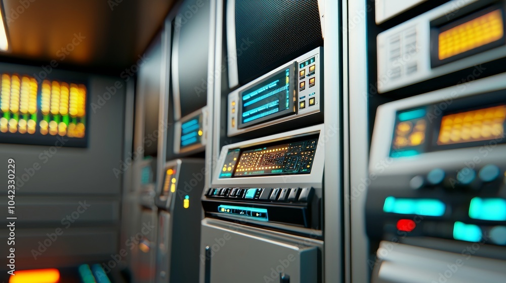 Poster this image depicts a server room with a row of servers, which can be used to illustrate technology, 