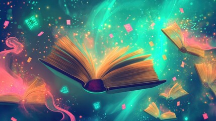 Neon-lit floating books swirl on a blue-to-orange gradient background wallpaper