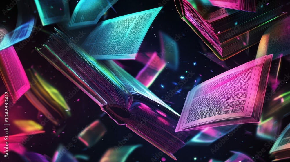 Sticker Floating magical books with neon pages glow on a dark background wallpaper