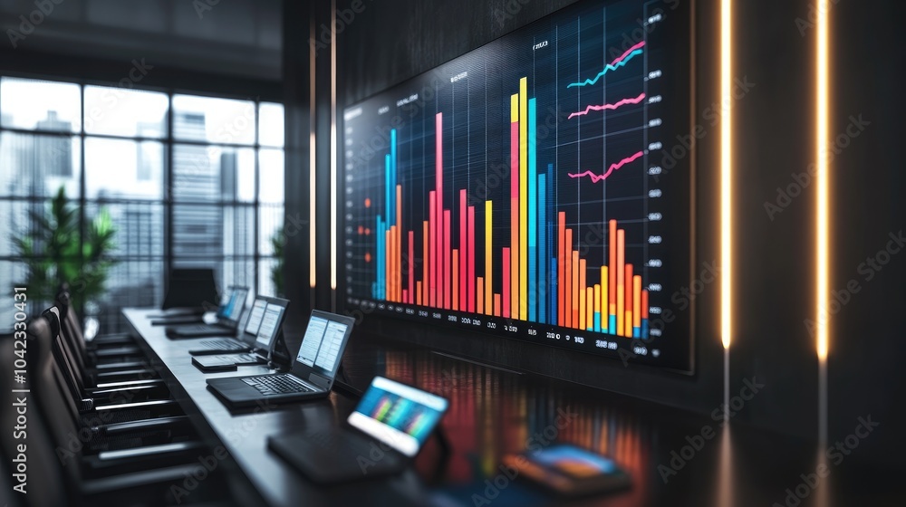 Poster modern office with data visualization and technology