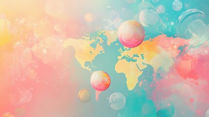 Fototapeta premium Pastel-colored globes and map float on a coral-to-blue gradient background wallpaper