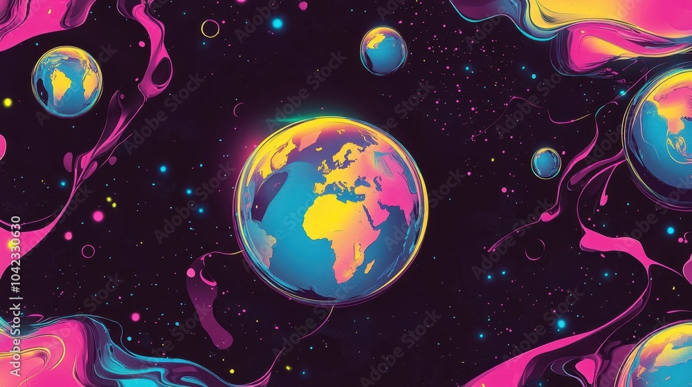 Canvas Prints Globes with pastel continents float on a black-to-neon purple background wallpaper